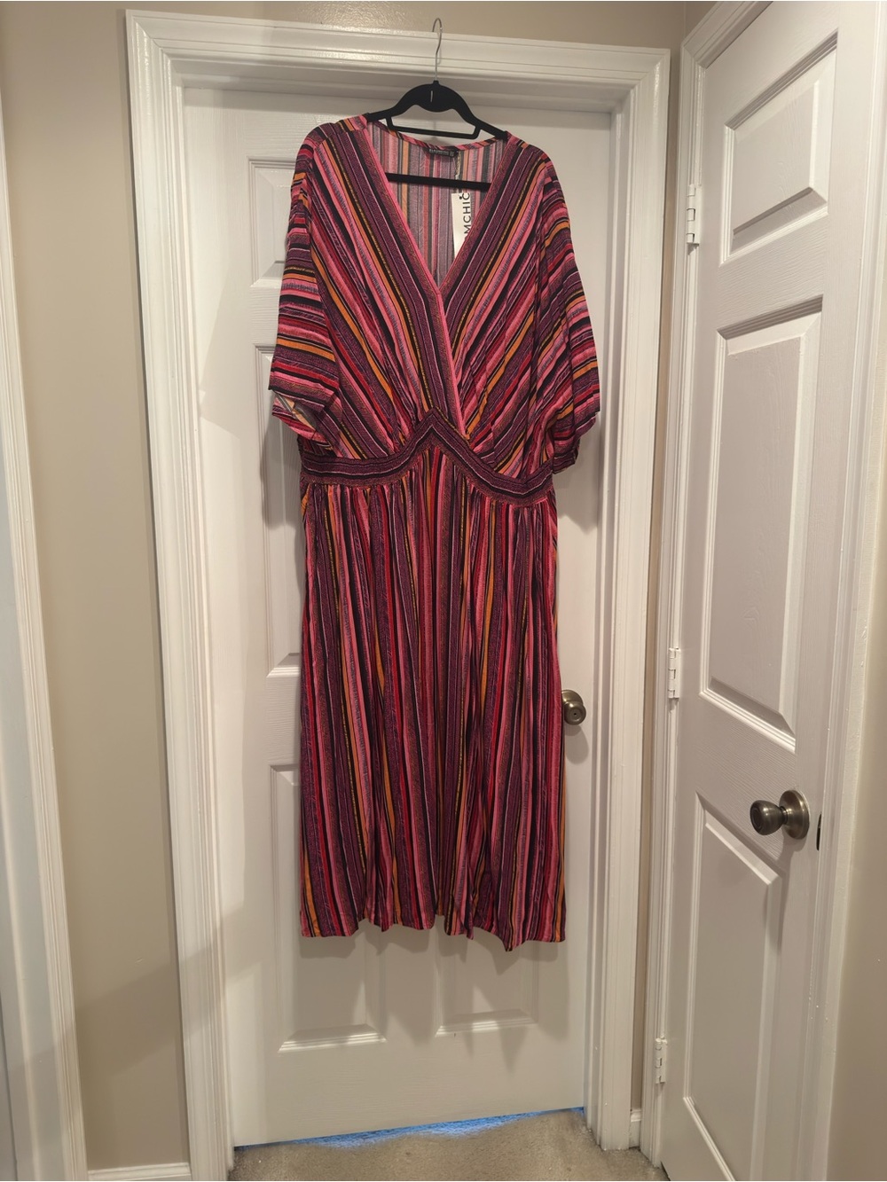 BloomChic Pink Multi-Striped V-Neck Midi Dress
